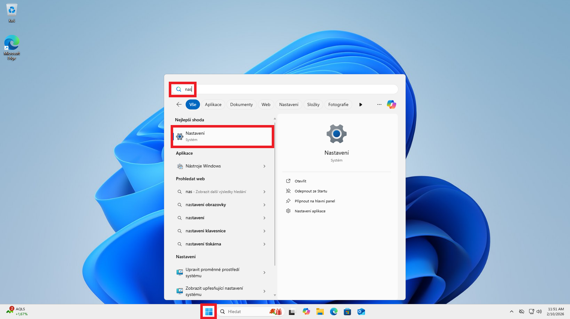 Přechod do nastavení Windows