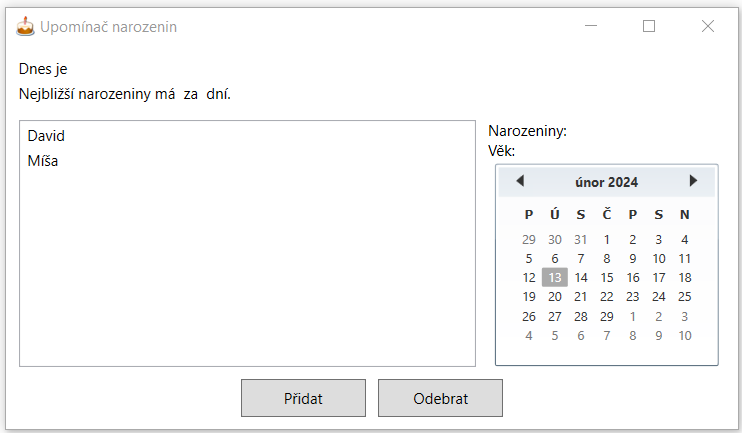 upomínač narozenin přidání jmen - WPF - Okenní aplikace v C# .NET