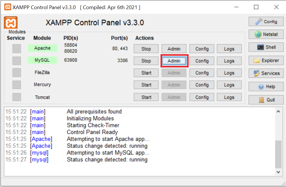 Otevření phpMyAdmin v prohlížeči pomocí XAMPP panelu - MySQL/MariaDB databáze krok za krokem