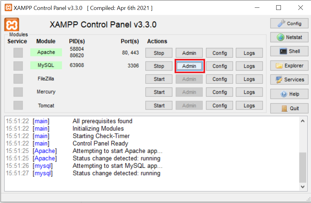 Otevření phpMyAdmin v prohlížeči pomocí XAMPP panelu - MySQL
