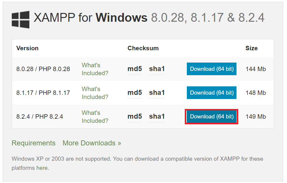 Stažení instalačního balíčku XAMPP pro Windows - MySQL/MariaDB databáze krok za krokem