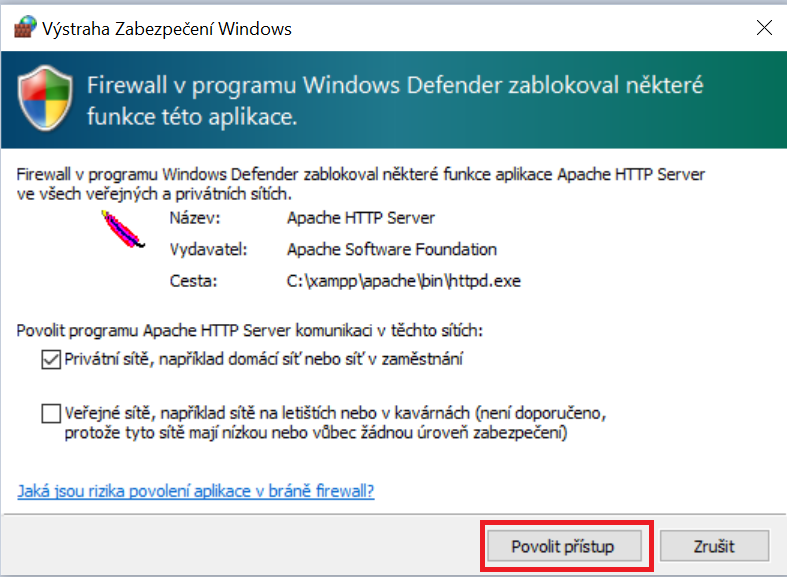 Instalace XAMPPu – povolení přístupu k síti - MySQL/MariaDB databáze krok za krokem