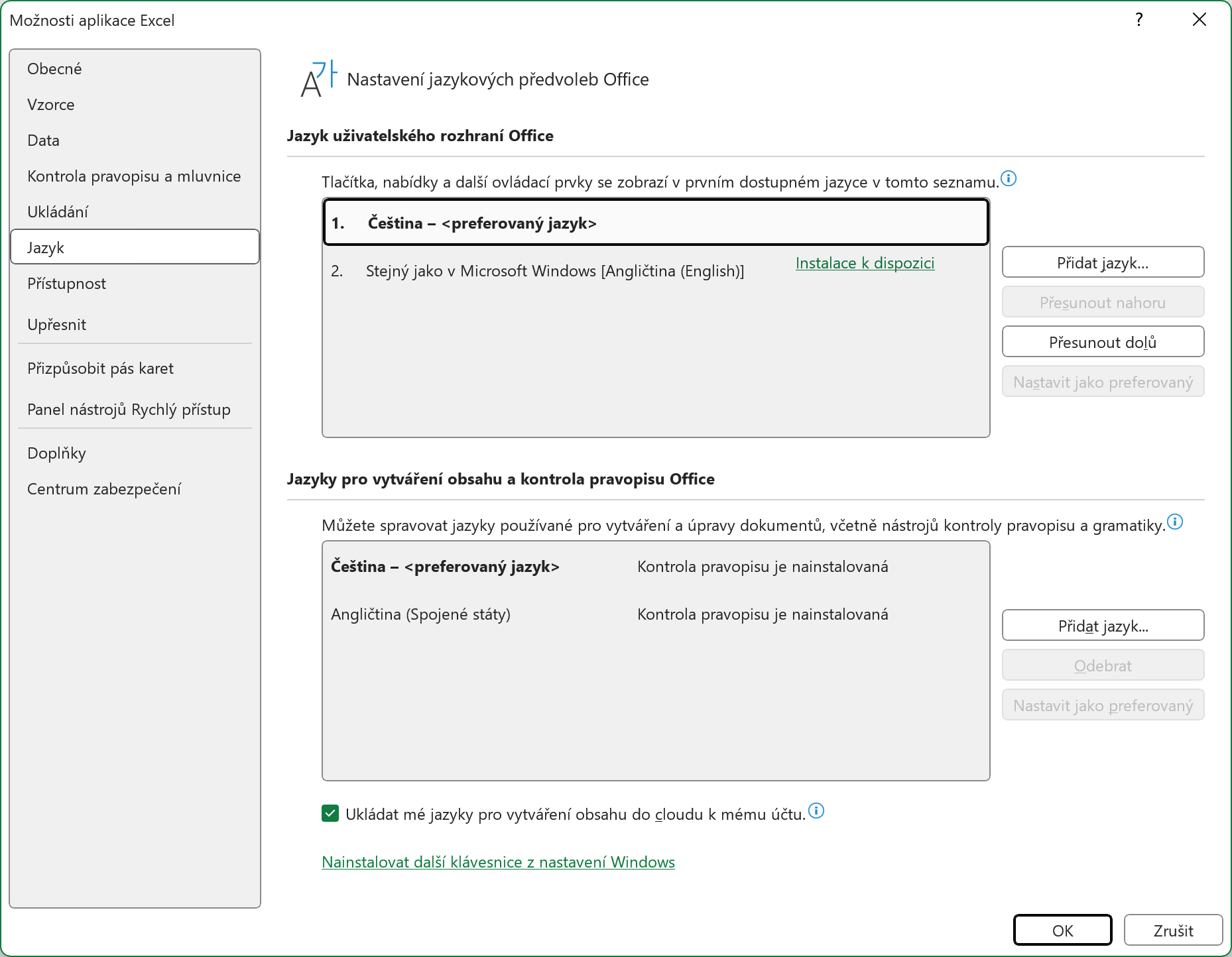 Výběr jazyka Excelu - Microsoft Office