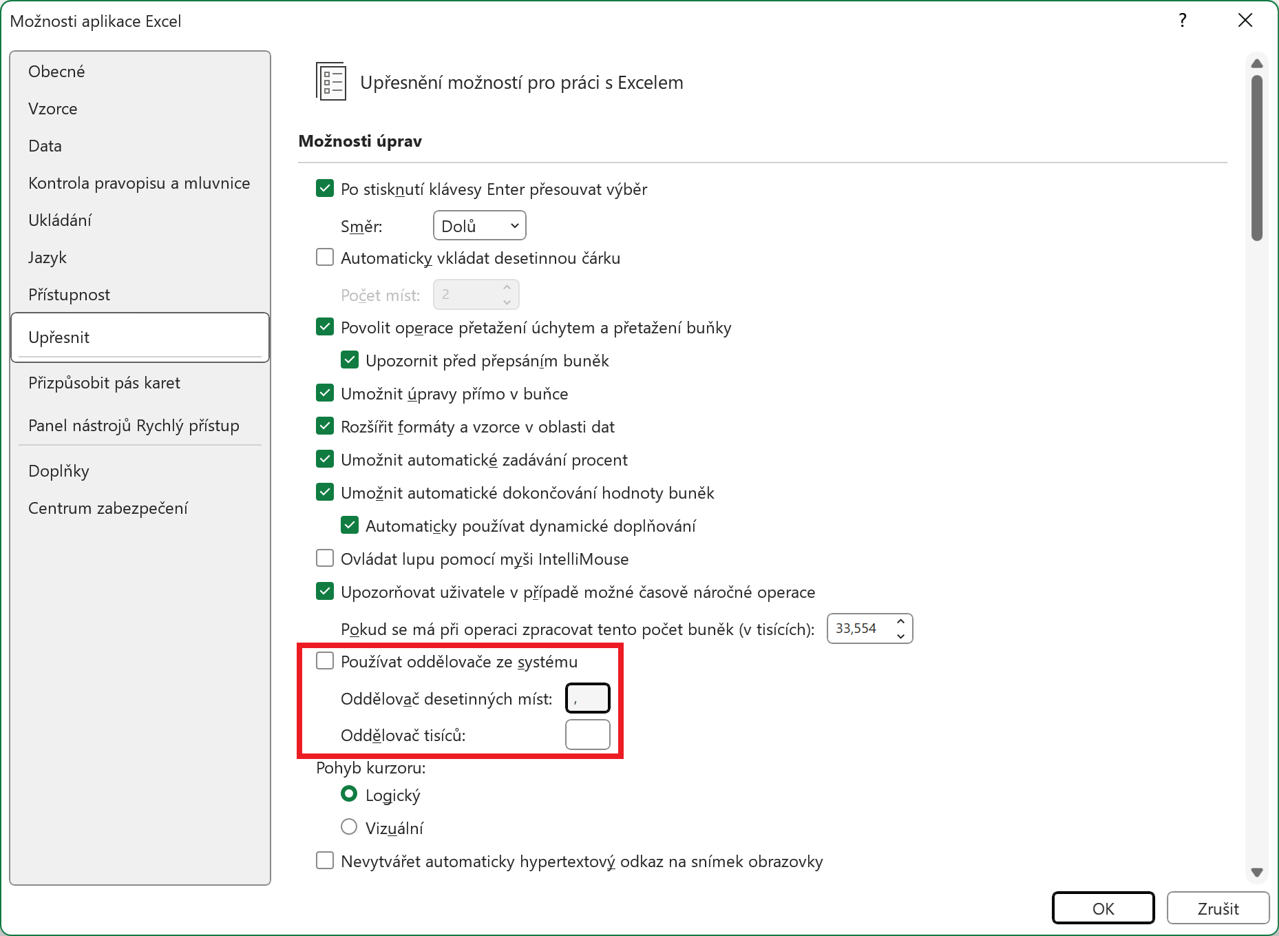 Nastavení oddělovačů v Excelu - Microsoft Office