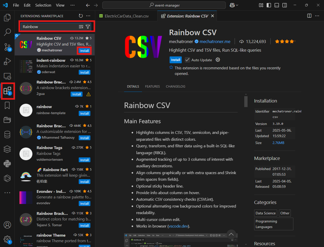 Přidání rozšíření Rainbow CSV - Úvod do datové analýzy a obchodního rozhodování