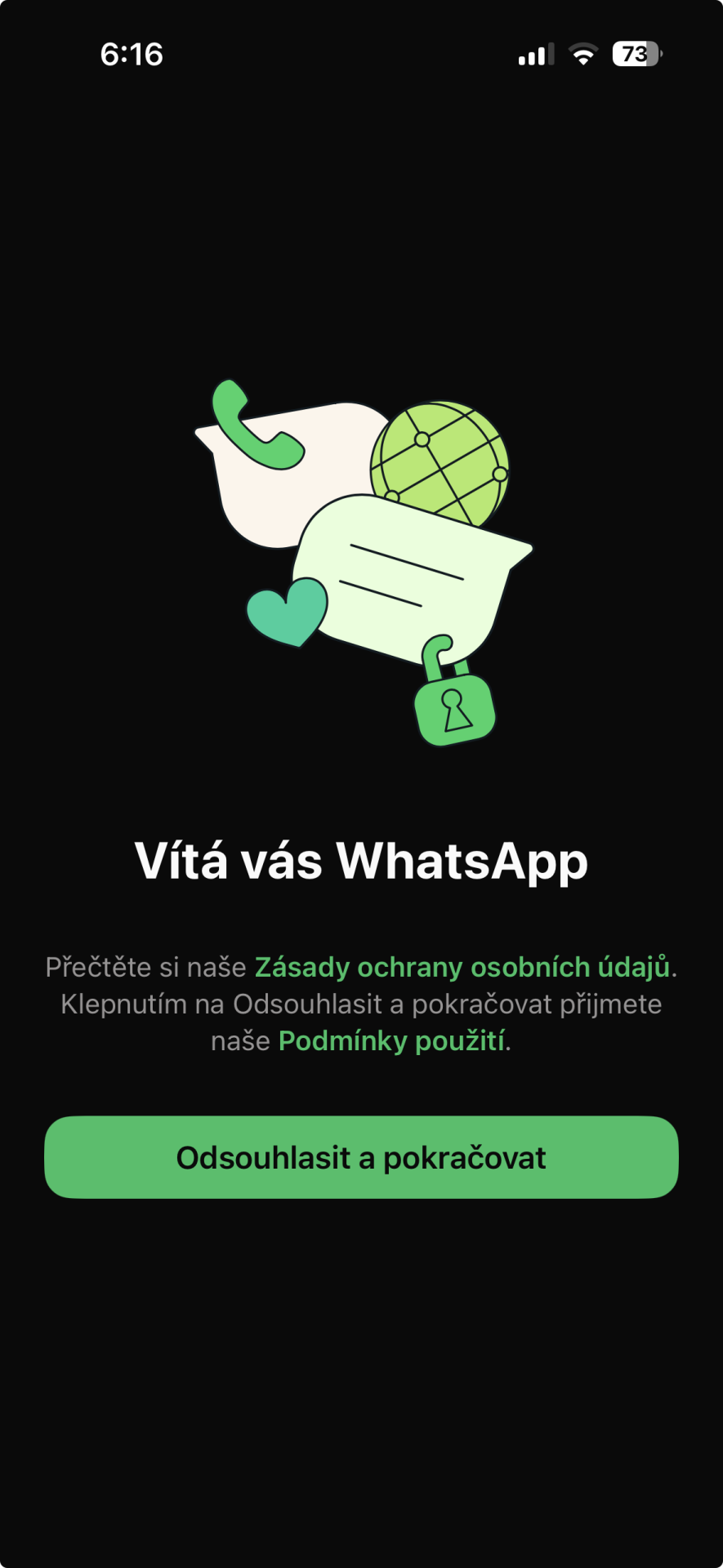 Úvodní obrazovka aplikace WhatsApp na iPhonu - Využívání aplikací na telefonu a tabletu