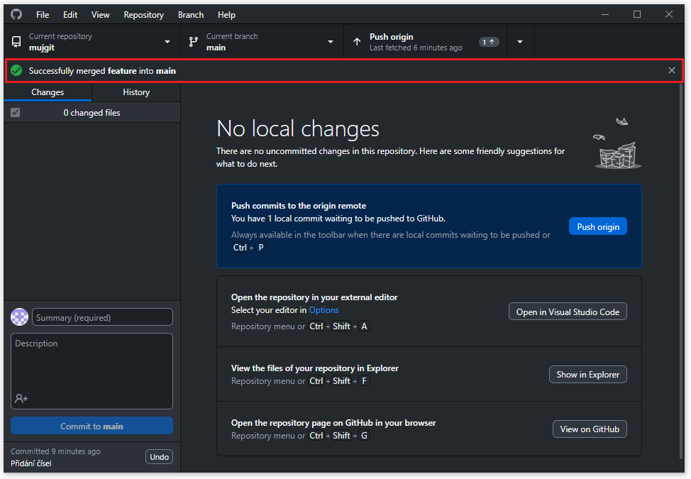 Informace a dokončení sloučení - Git