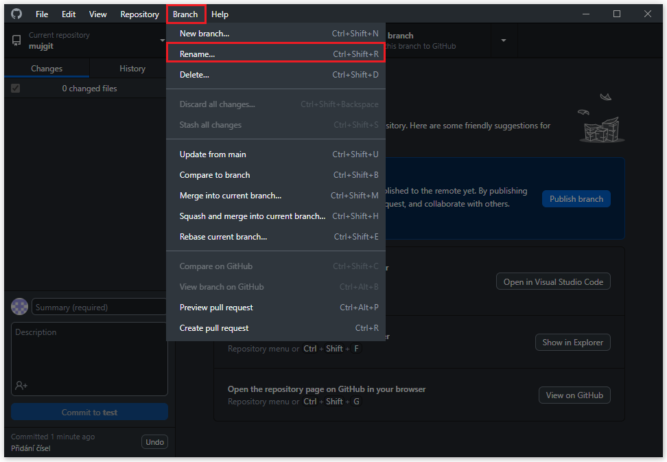Otevření menu pro přejmenování větve - Git