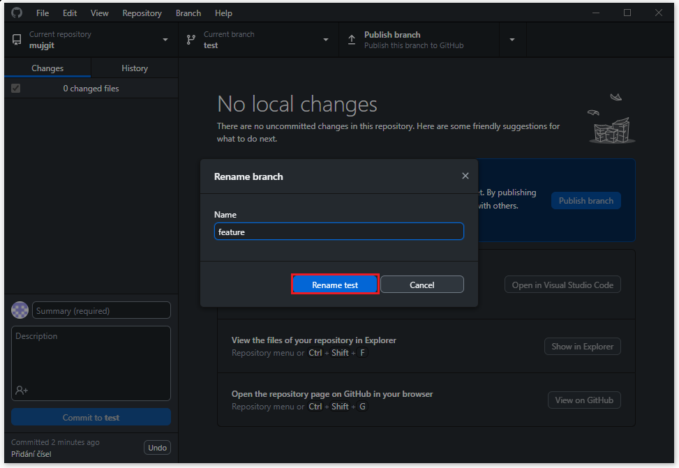 Okno pro přejmenování větve - Git