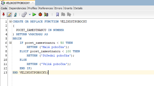 Tvorba funkce v SQL Developeru