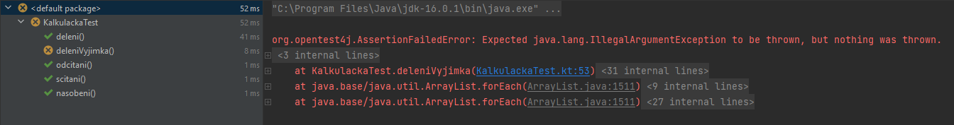 Neúspěšný výsledek testu v IntelliJ - Testování v Kotlin