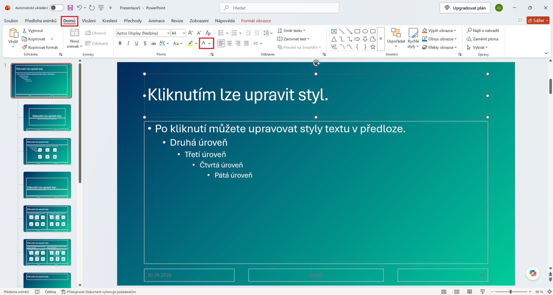 Změna barvy písma v předloze snímků Microsoft PowerPointu - Základy Microsoft PowerPoint