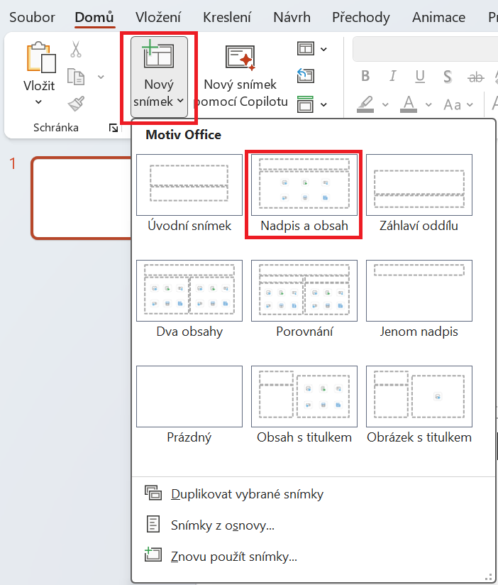 Vytvoření nového snímku v Microsoft PowerPointu - Základy Microsoft PowerPoint