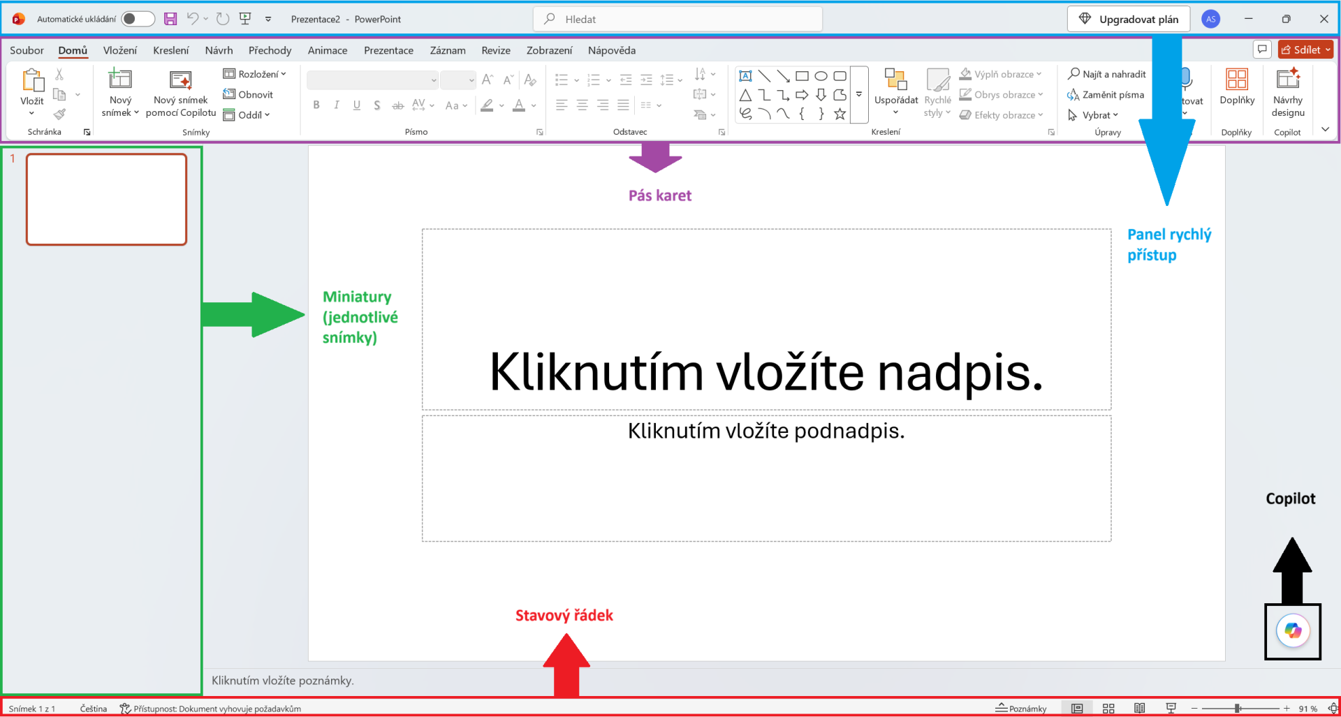 Základní prostředí Microsoft PowerPointu s prvním snímkem - Základy Microsoft PowerPoint