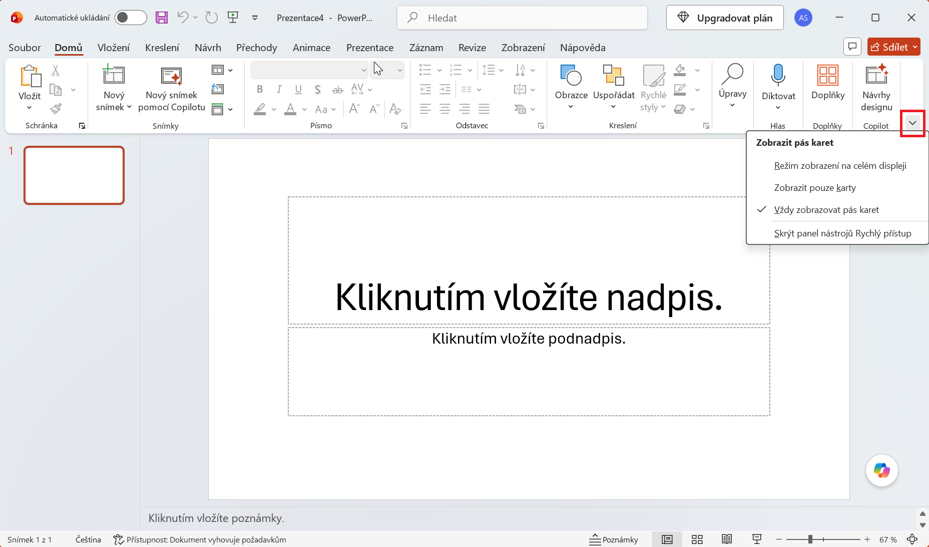 Nabídka pro skrytí pásu karet - Základy Microsoft PowerPoint