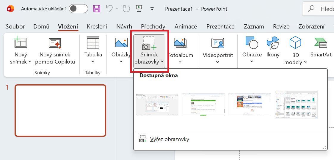 Vložení snímku nebo výřezu obrazovky v Microsoft PowerPointu - Základy Microsoft PowerPoint
