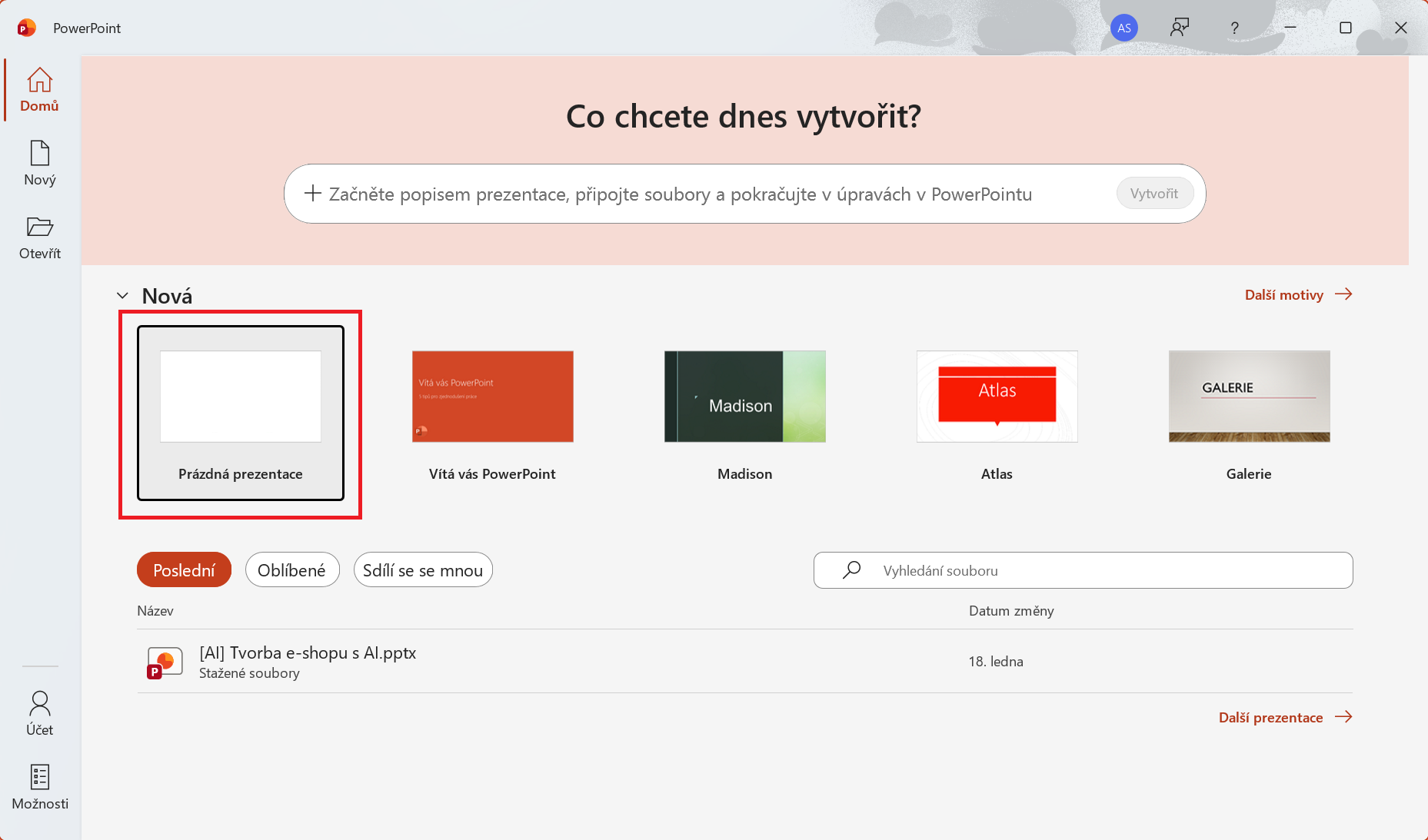 Úvodní obrazovka PowerPointu po otevření programu - Základy Microsoft PowerPoint