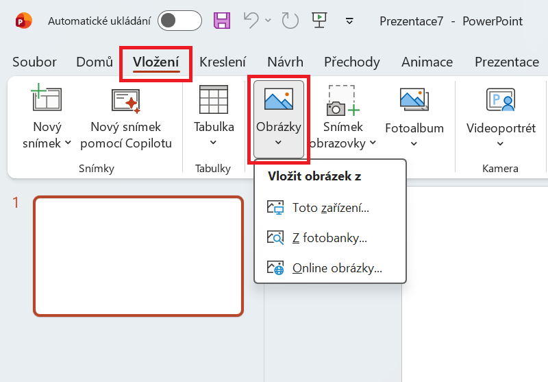 Nabídka pro vložení obrázků na kartě Vložení v Microsoft PowerPointu - Základy Microsoft PowerPoint