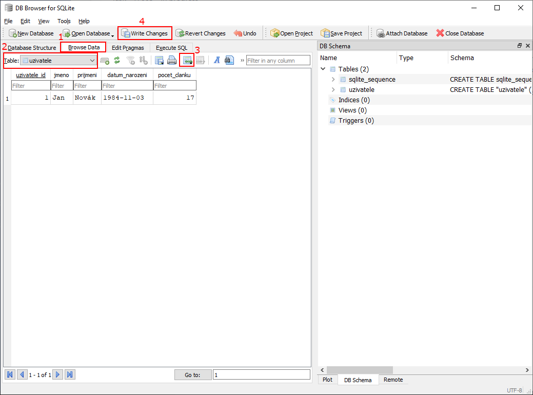 Vložení záznamu do tabulky v DB Browseru for SQLite - SQLite databáze krok za krokem