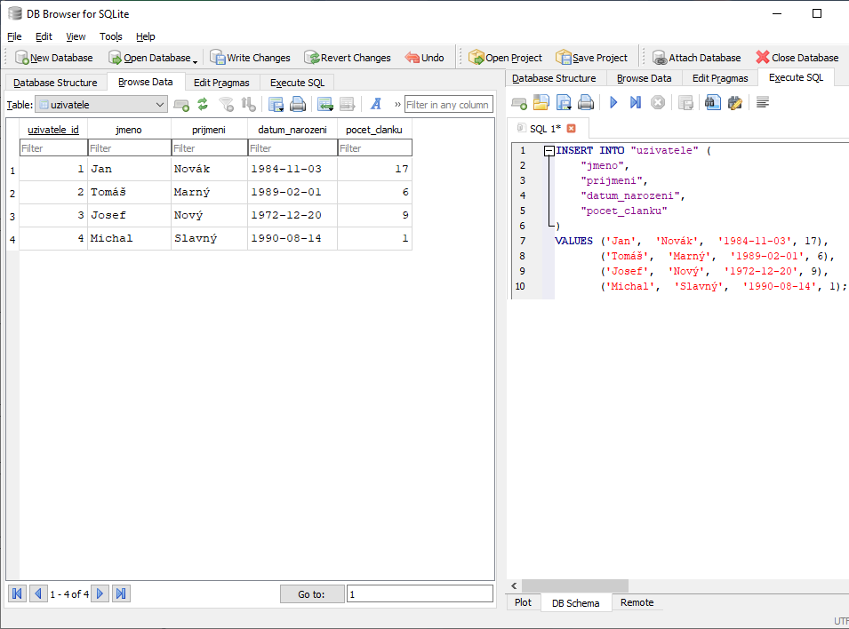 Uživatelé v SQLite tabulce - SQLite databáze krok za krokem