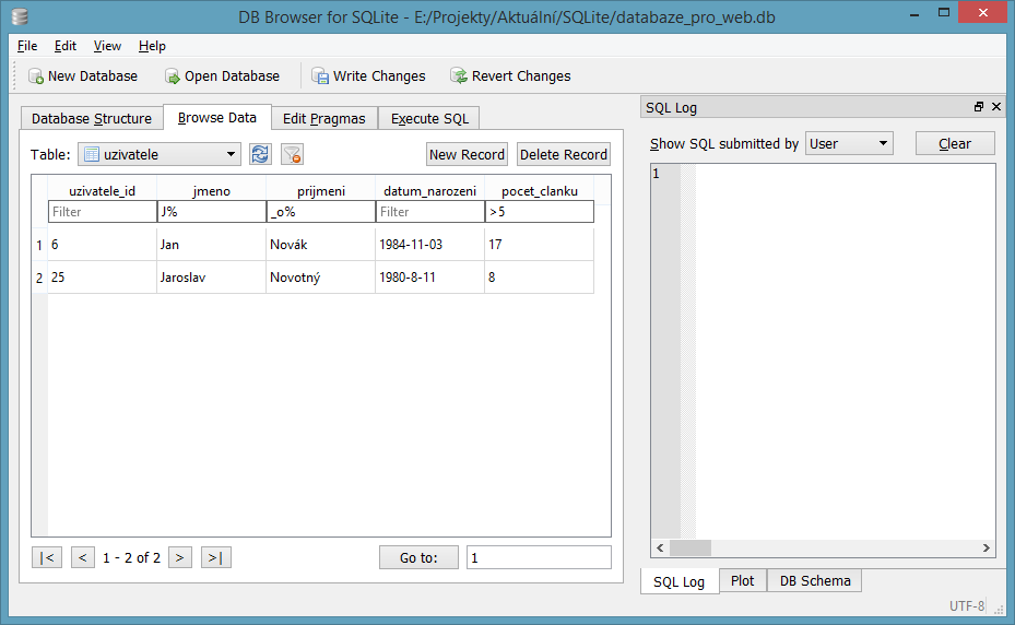 Vyledávání v DB Browseru - SQLite databáze krok za krokem