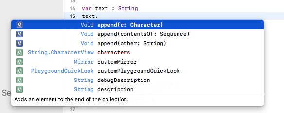 Nápověda metod na řetězci v Xcode - Základní konstrukce jazyka Swift