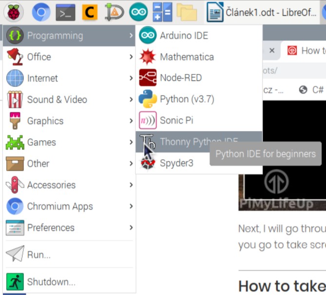 Ukázka umístění Thonny python IDE - Raspberry Pi