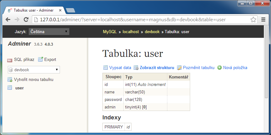 Databázová tabuľka užívateľov - Bezpečnosť webových aplikácií v PHP