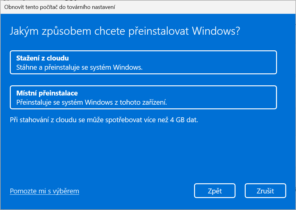 Okno obnovení počítače do továrního nastavení - Základy Windows