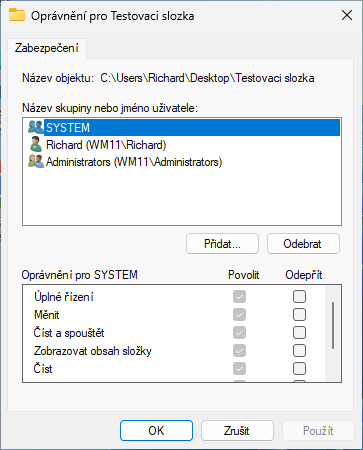 Nastavení oprávnění vybrané složky - Základy Windows