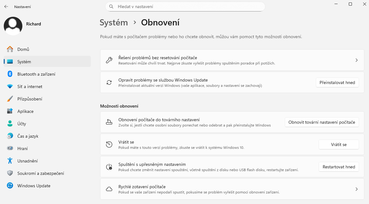 Reset Windows do továrního nastavení - Základy Windows