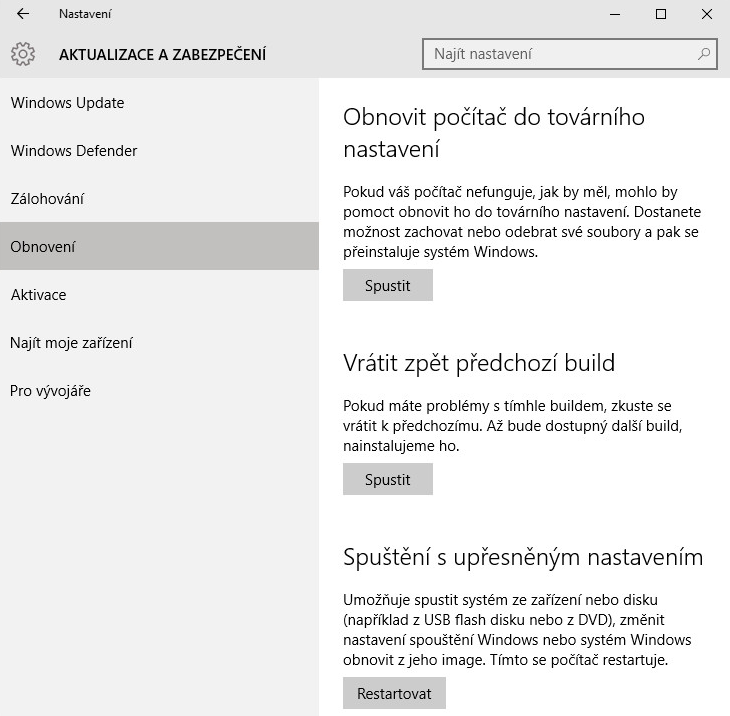 Reset Windows do továrního nastavení - Základy Windows