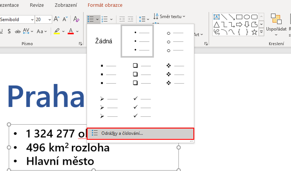 Okno Odrážky a číslování - Základy Microsoft PowerPoint