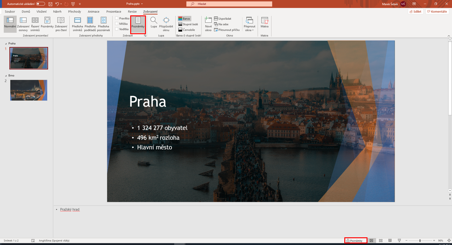 Zobrazení poznámek - Základy Microsoft PowerPoint