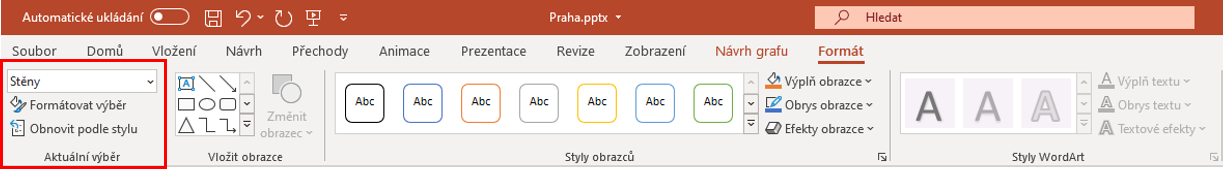 Skupina nástrojů Aktuální výběr - Základy Microsoft PowerPoint