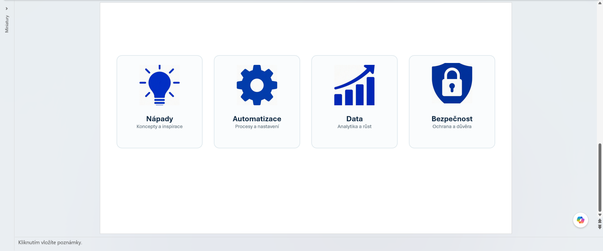 Ikony pro oblasti Nápady, Automatizace, Data a Bezpečnost - Základy Microsoft PowerPoint