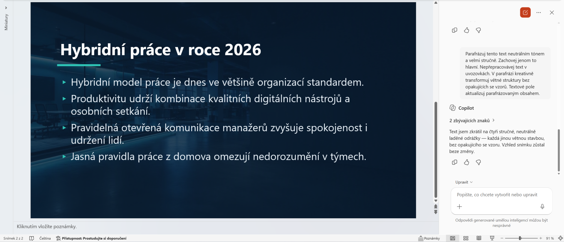 Návrh zkráceného textu pomocí Copilotu - Základy Microsoft PowerPoint