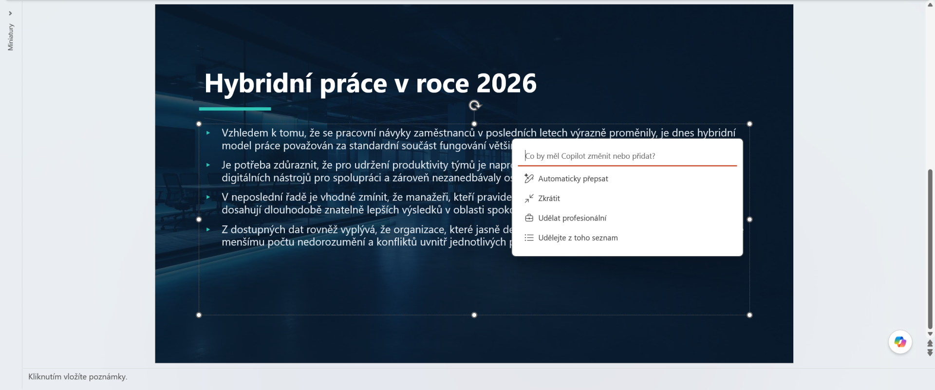Volba pro zkrácení textu pomocí Copilotu - Základy Microsoft PowerPoint