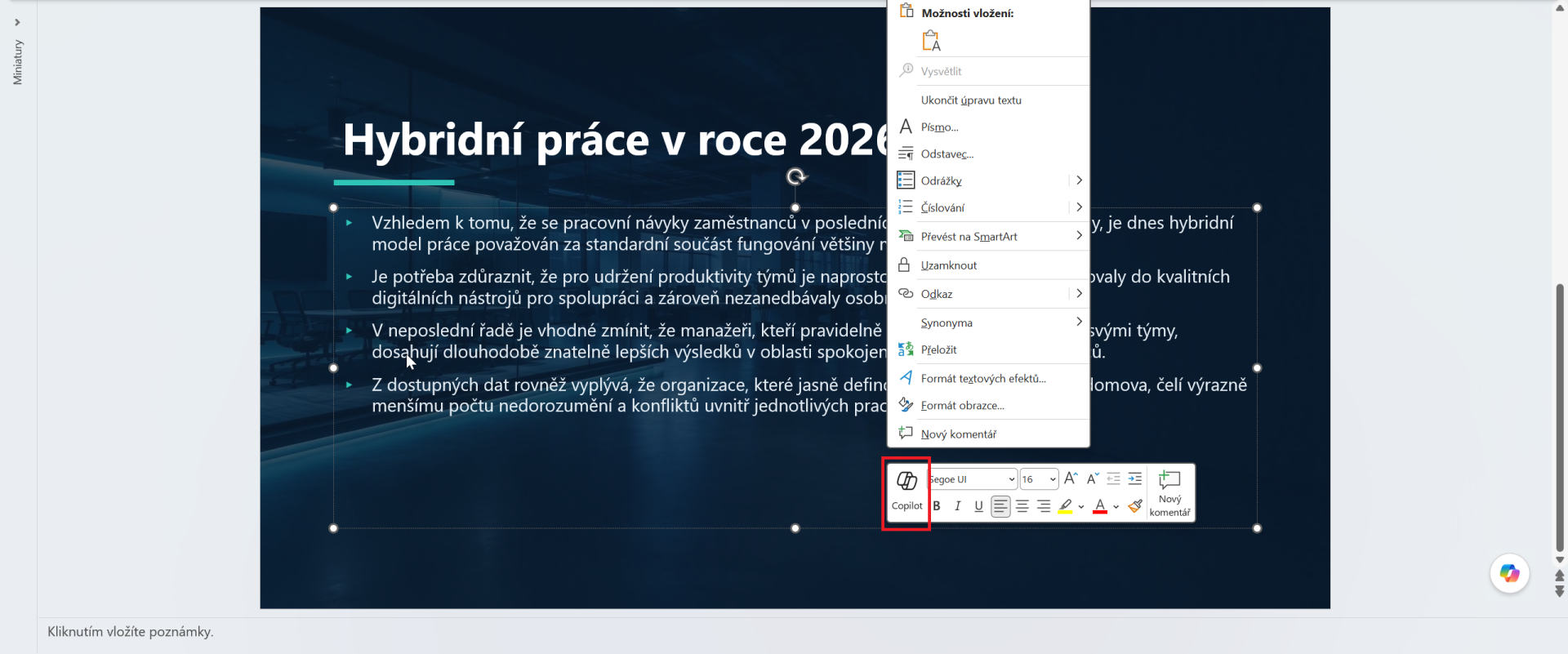 Nabídka Copilotu pro úpravu textového pole - Microsoft Office