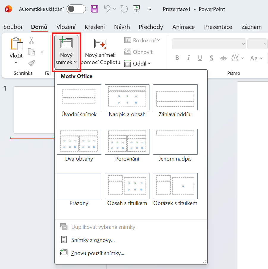 Nástroj Nový snímek v Microsoft PowerPointu - Základy Microsoft PowerPoint