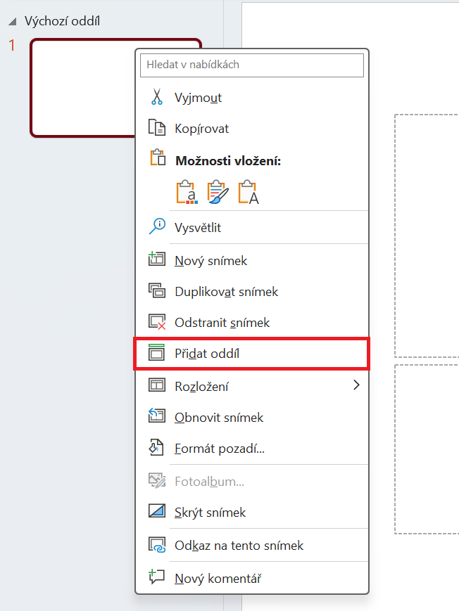 Vytvoření oddílu v panelu miniatur snímků - Základy Microsoft PowerPoint