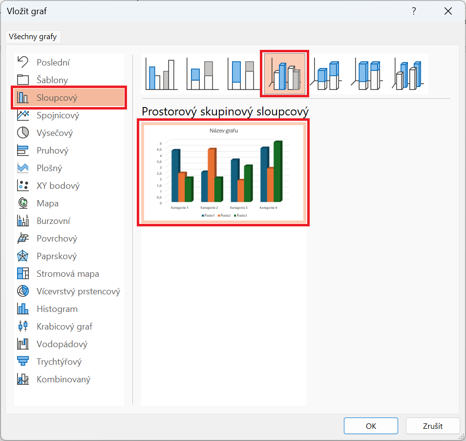 Výběr prostorového skupinového sloupcového grafu - Základy Microsoft PowerPoint