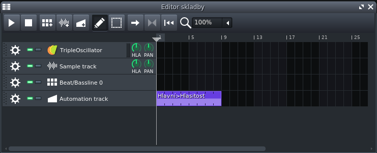 Jak to vypadá, když tam přetáhneme ovladač Volume - Tvorba hudby v LMMS