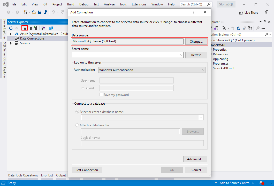 Connect to Database v Server Explorer - Databáze v C# - ADO.NET