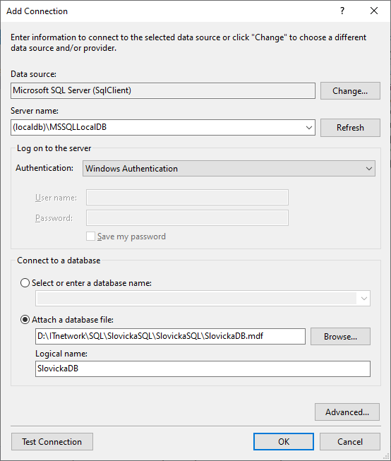 Přidání LocalDB na server MSSQLLocalDB - Databáze v C# - ADO.NET