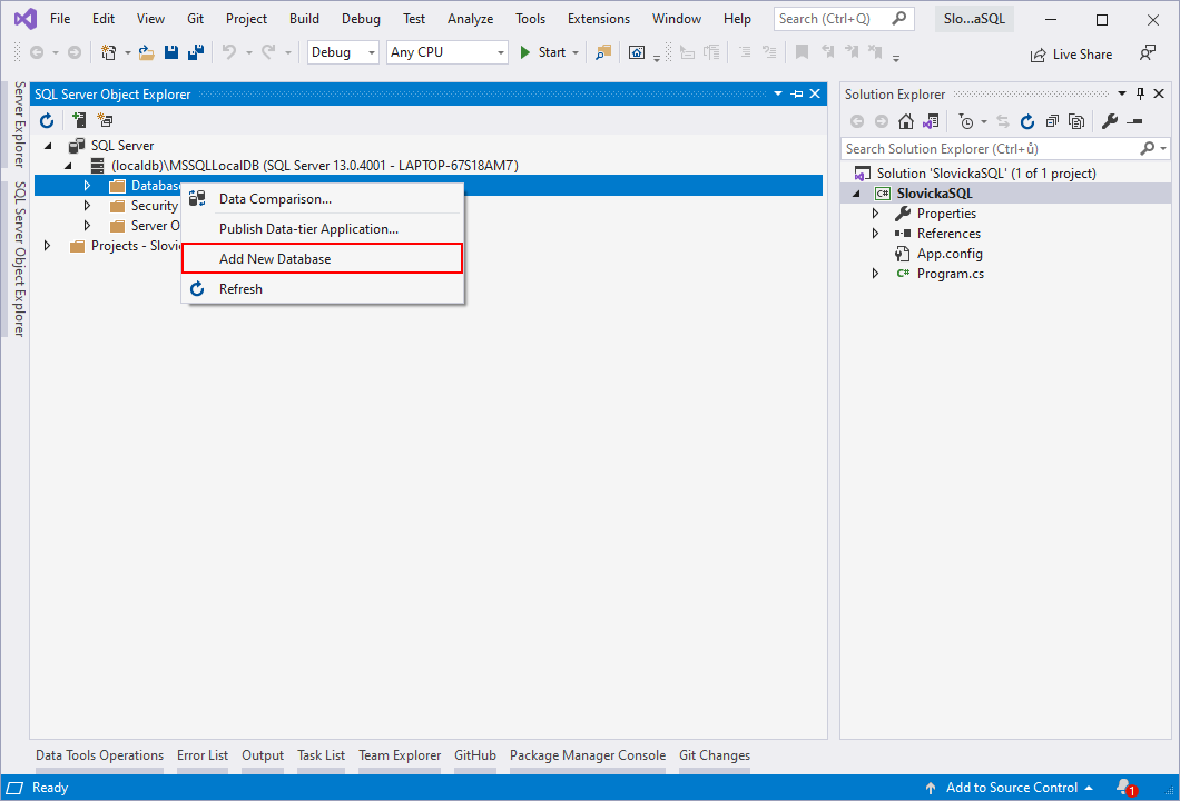 Přidání LocalDB přes SQL Server Object Explorer - Databáze v C# - ADO.NET