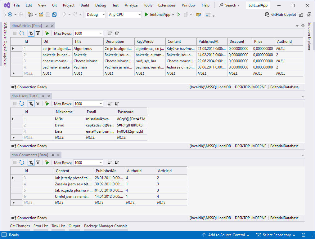 Tabulky Articles, Users a Comments ve Visual Studio - Online kurzy programování C#.NET - Největší český e-learning