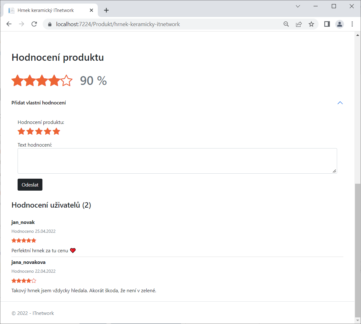 Formulář pro přidání recenze produktu