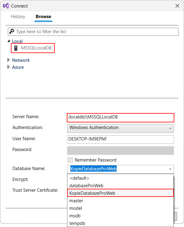 Dialog pro výběr databáze - MS-SQL databáze krok za krokem