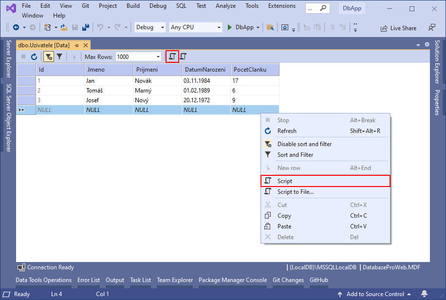 Script - MS-SQL databáze krok za krokem